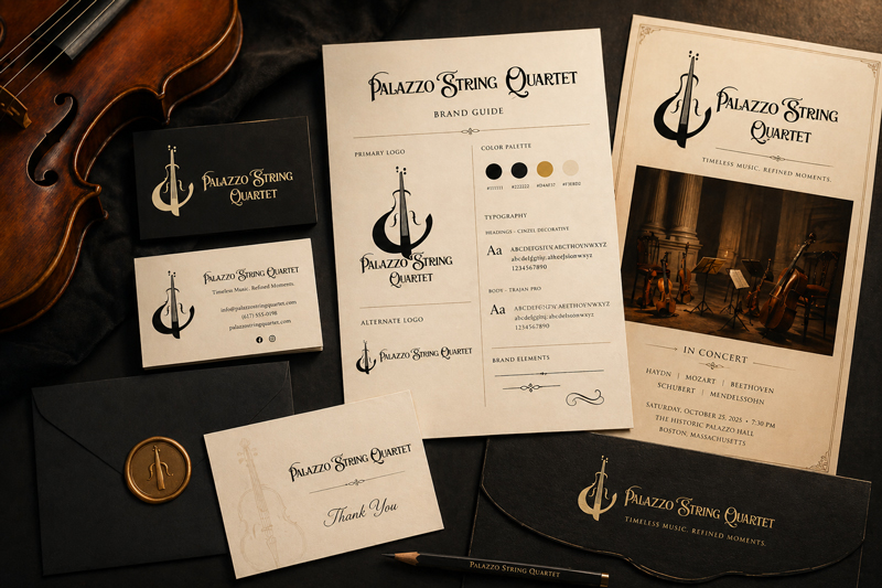 Brand identity and print collateral for Palazzo String Quartet